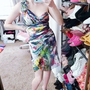 Vintage Jovani Watercolor One Shoulder Silk Dress